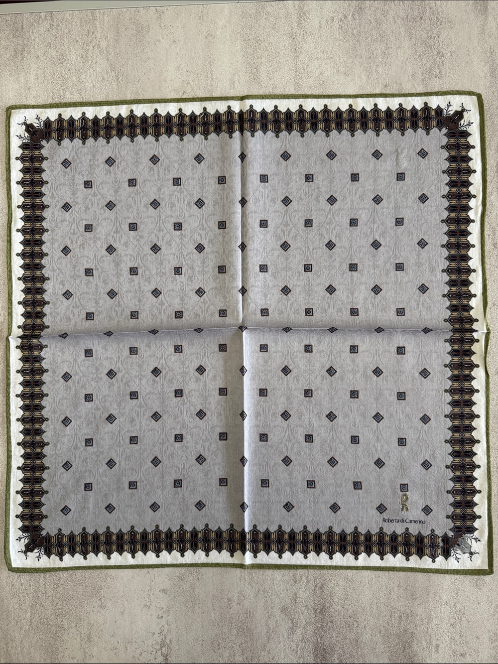 Roberto Cavalli White Pocket Square with Black and Olive Border Pattern cotton